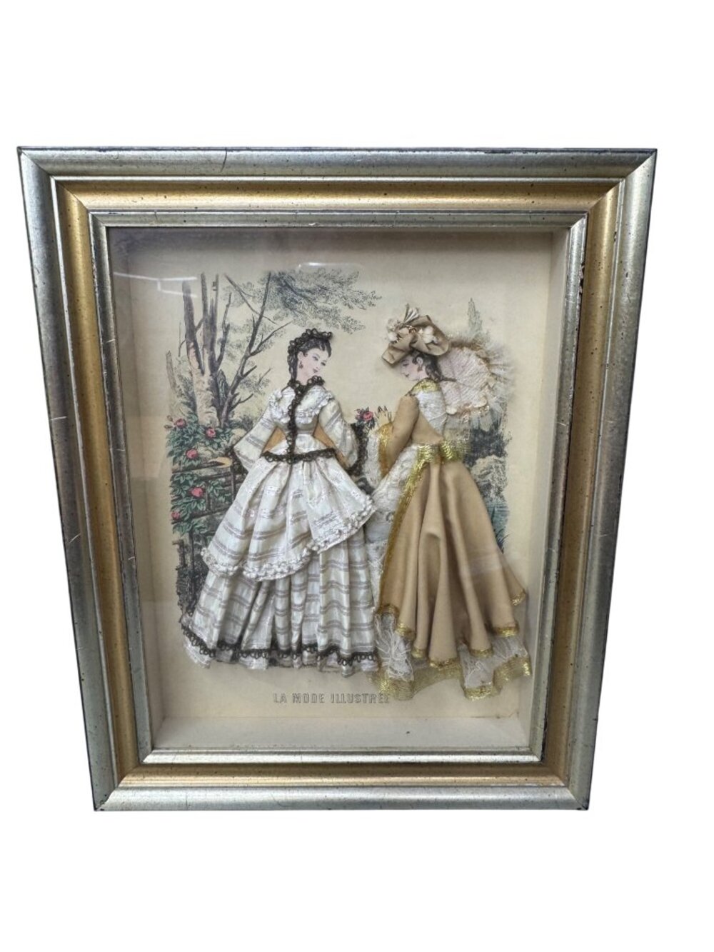 Antique La Mode Illustree Print 3D Shadow Box Gold Frame Fabric 12x15 Fashion
